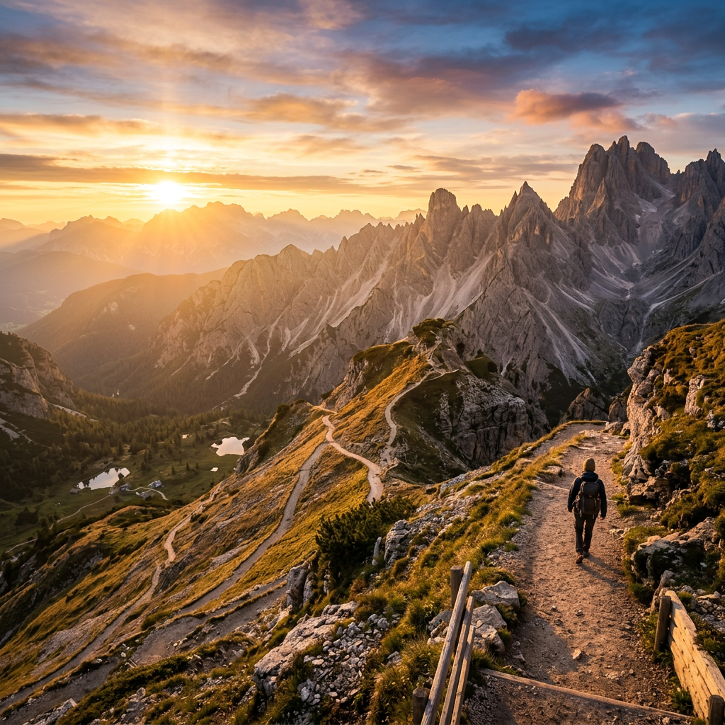 Hiker walking on a winding dirt path with jagged mountains and sunset sky in the background.
